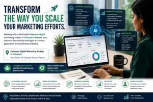 A professional web banner titled "Transform the Way You Scale Your Marketing Efforts." The graphic shows a person working on a laptop displaying a "Marketing Performance Dashboard" featuring data fields for total revenue, conversions, ROAS, and a channel breakdown of Google Ads and Meta Ads. Three floating glowing nodes detail services provided by an expert freelance digital marketing analyst in Kottayam: AI Content Generation, Predictive Analytics, and Media Buying. The bottom footer highlights a strategic, data-driven approach built on smarter campaigns, better ROI, and human-centered branding.