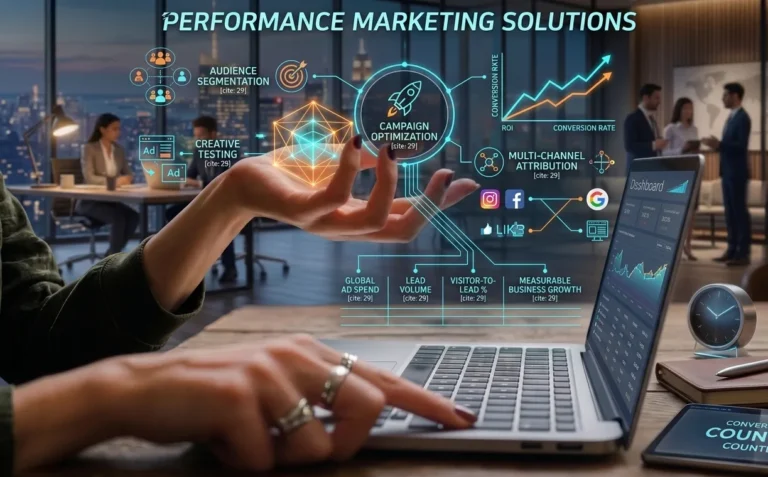 An interactive digital display floating over a laptop showing e-commerce flows, audience reach, and visitor conversion analytics, representing the strategic website design approach of a freelance digital marketing analyst in Kottayam.