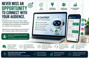 A digital marketing service banner titled "Never Miss an Opportunity to Connect with Your Audience." The graphic features a central laptop displaying a features list for an "AI Chatbot 24/7 Business Assistant" alongside a smartphone mockup showing a live simulated automated chat sequence. The sidebar highlights specialized services from an experienced freelance digital marketing analyst in Kottayam, focusing on designing conversational tools for websites and messaging apps. The footer grid highlights key capabilities: custom development, automated engagement, 24/7 instant support, and conversion tracking.