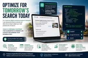 Infographic for a Freelance Digital Marketing Analyst in Kottayam showcasing AI search optimization, LocalBusiness schema markup, and ranking on ChatGPT, Google AI Overviews, and Gemini.